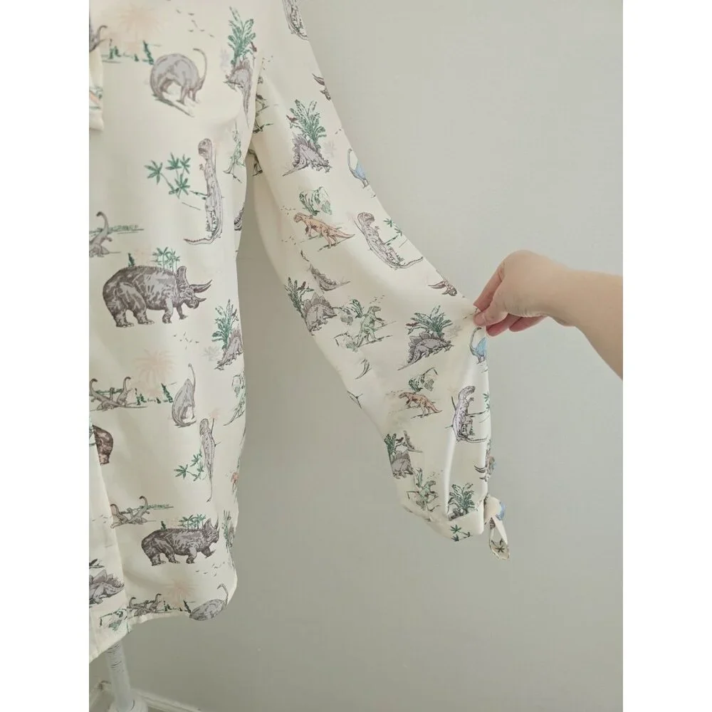 Modcloth Dinosaur Animal Print Miss Frizzle Ivory Bow Tie Button Up Blouse S Top - Picture 10 of 11